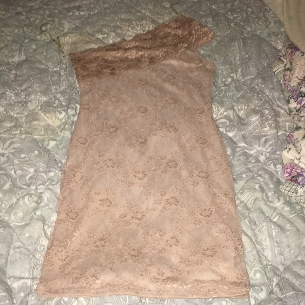 Solemio beige nude off the shoulder dress size S